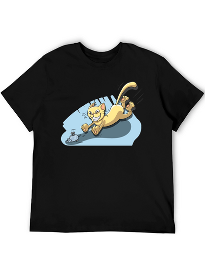 Camiseta Negra con Diseño de Gato Persiguiendo Ratón