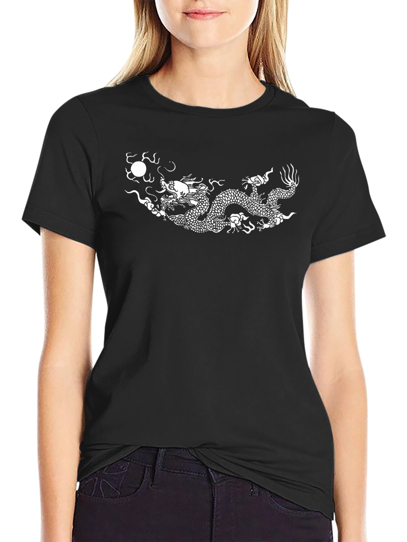 Camiseta Negra con Dragón Chino Blanco Estampado