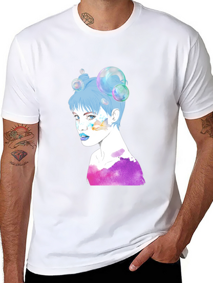 Camiseta Negra con Diseño Artístico de Mujer con Burbujas