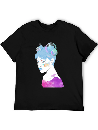 Camiseta Negra con Diseño Artístico de Mujer con Burbujas