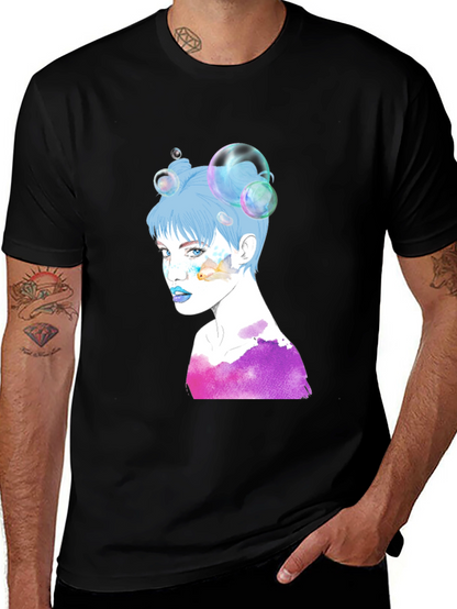 Camiseta Negra con Diseño Artístico de Mujer con Burbujas