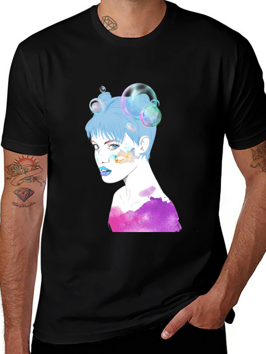 Camiseta Negra con Diseño Artístico de Mujer con Burbujas