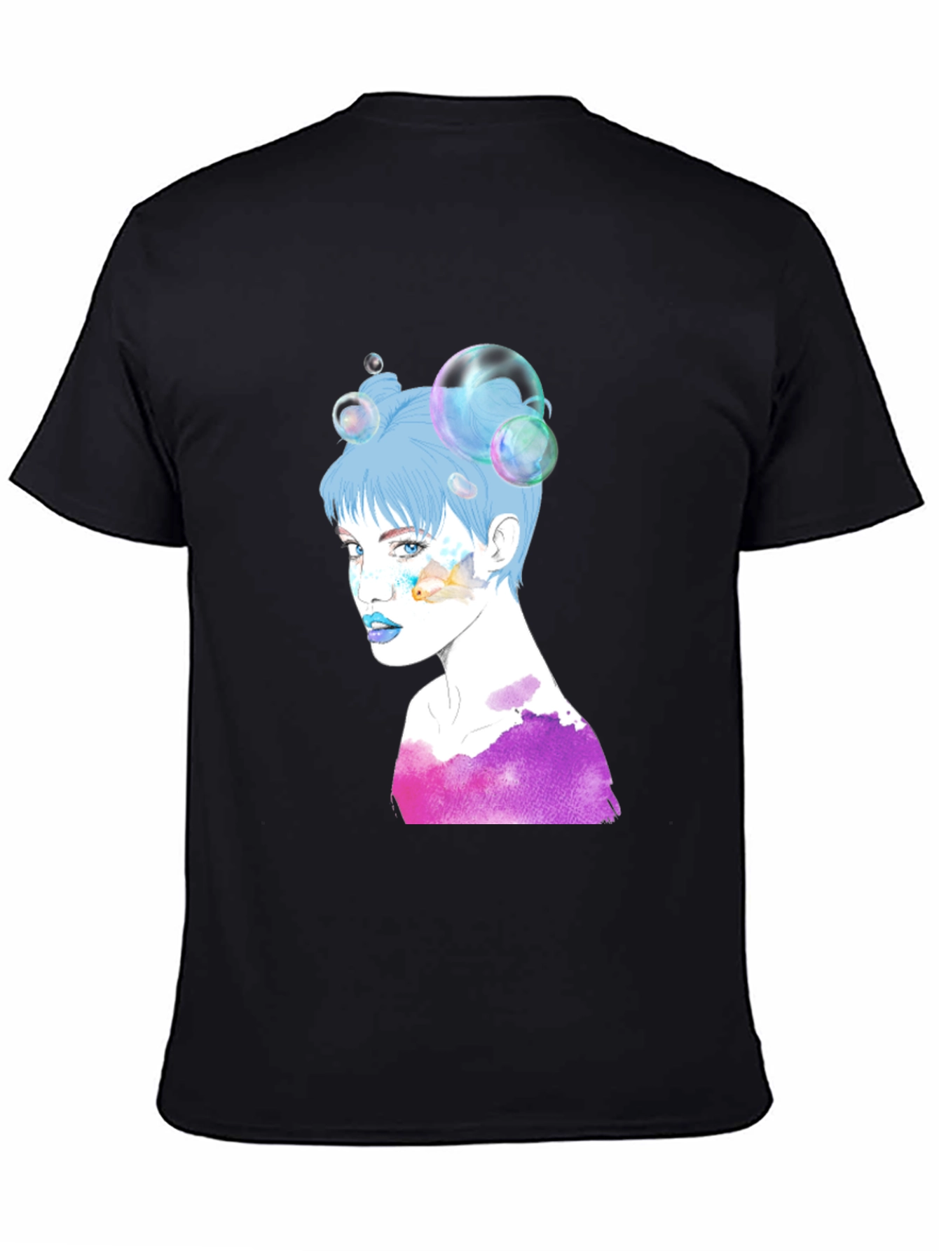 Camiseta Negra con Diseño Artístico de Mujer con Burbujas