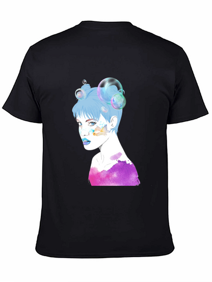 Camiseta Negra con Diseño Artístico de Mujer con Burbujas