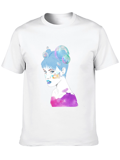 Camiseta Negra con Diseño Artístico de Mujer con Burbujas