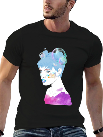 Camiseta Negra con Diseño Artístico de Mujer con Burbujas
