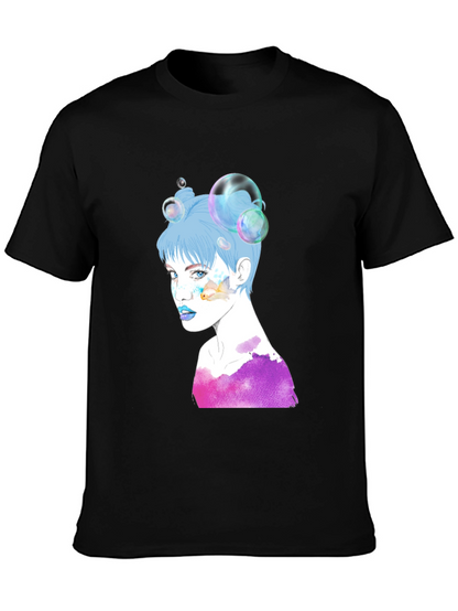 Camiseta Negra con Diseño Artístico de Mujer con Burbujas