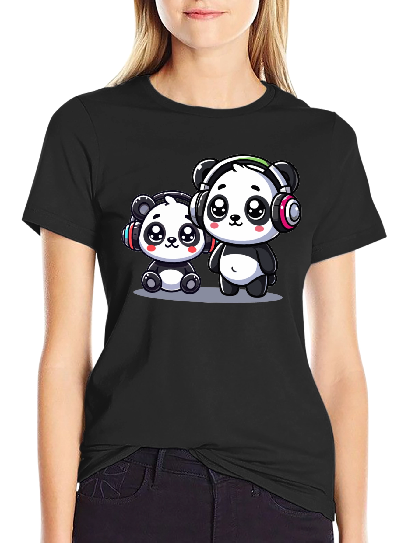 Camiseta Negra con Adorables Pandas Musicales