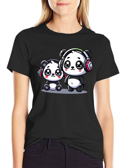 Camiseta Negra con Adorables Pandas Musicales