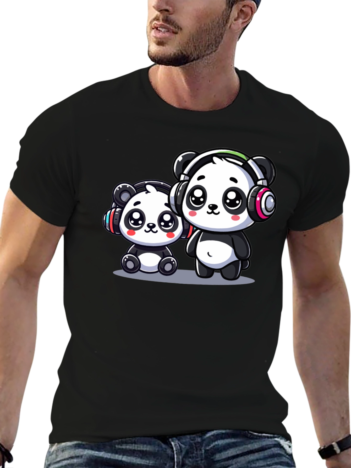 Camiseta Negra con Adorables Pandas Musicales