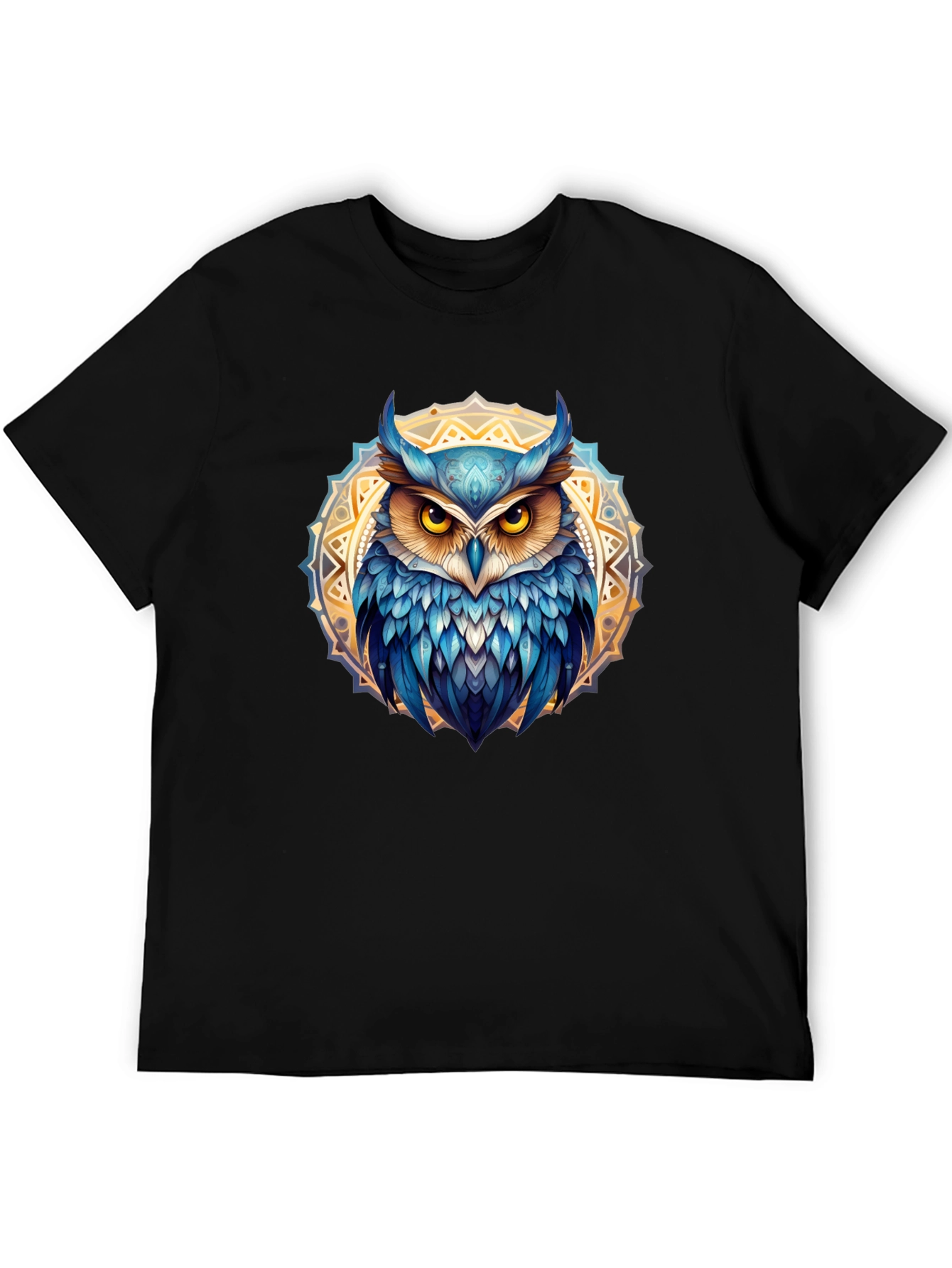 Camiseta Negra con Búho Mandala Azul