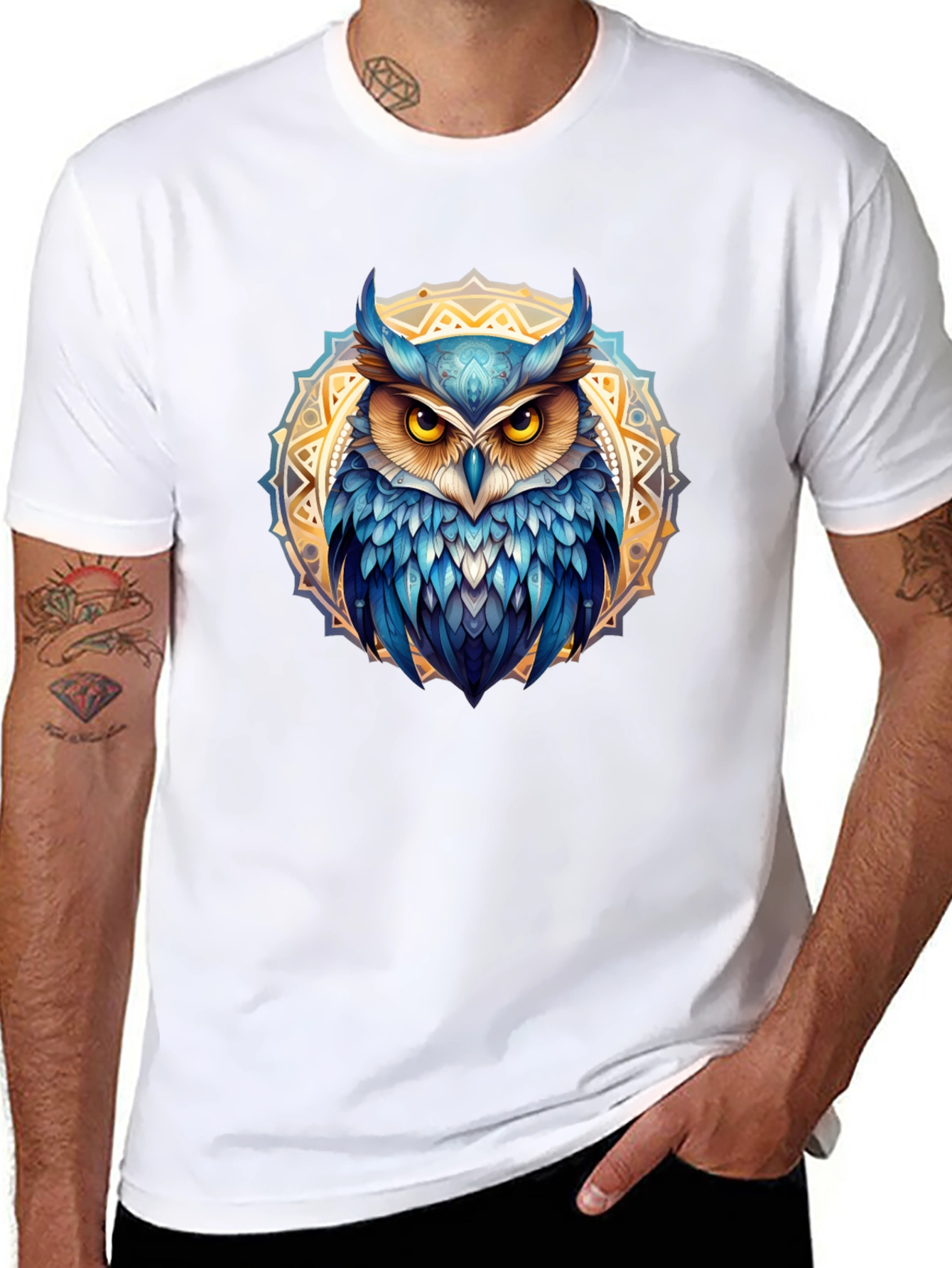 Camiseta Negra con Búho Mandala Azul