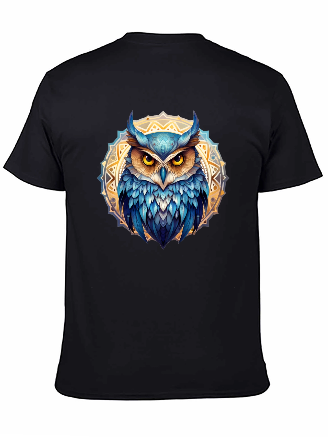 Camiseta Negra con Búho Mandala Azul