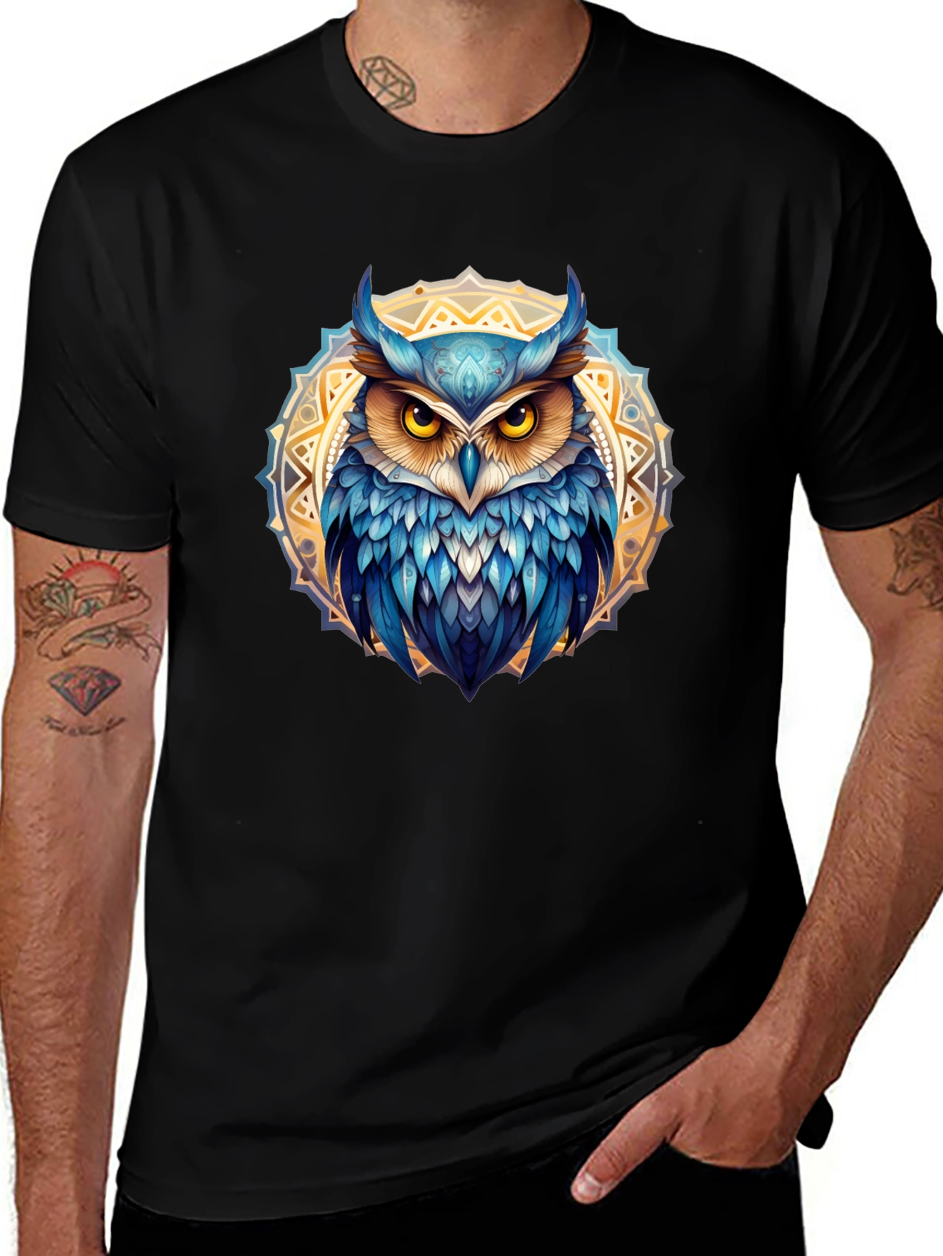 Camiseta Negra con Búho Mandala Azul