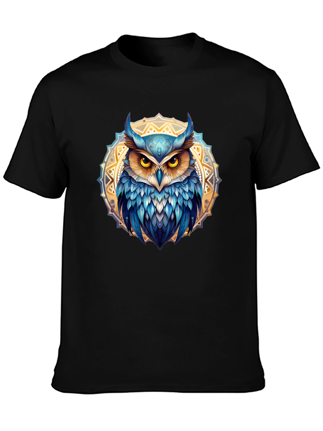 Camiseta Negra con Búho Mandala Azul