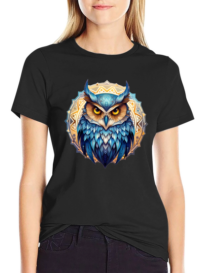 Camiseta Negra con Búho Mandala Azul