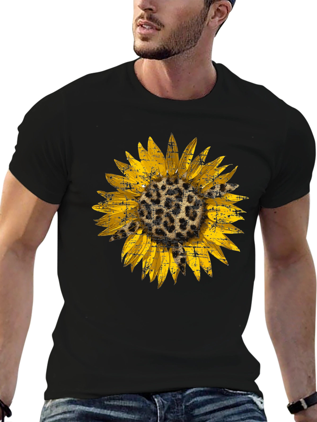 Camiseta Negra con Girasol Estampado Animal Print