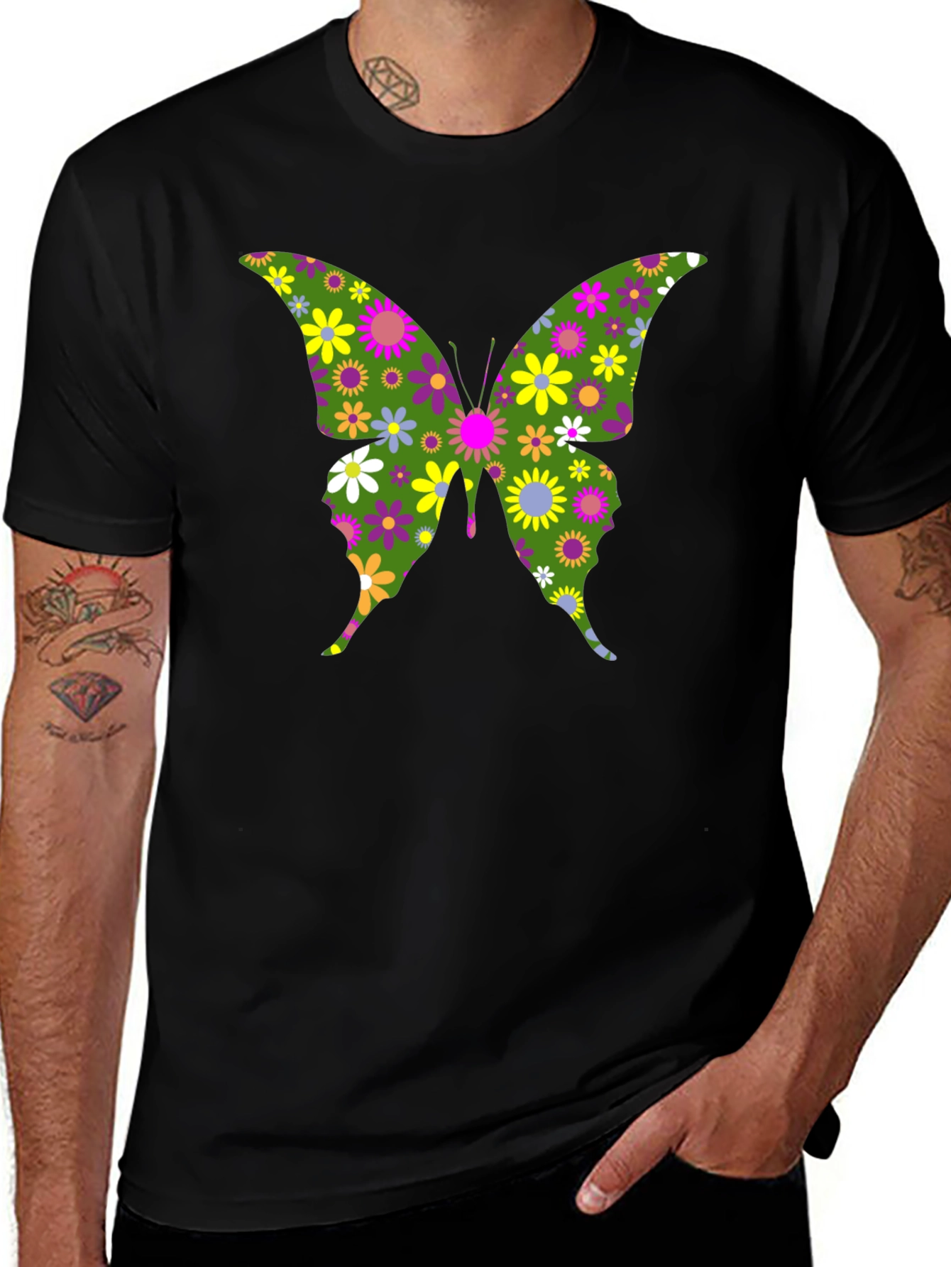 Camiseta Negra con Mariposa Floral Psicodélica
