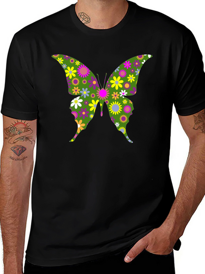 Camiseta Negra con Mariposa Floral Psicodélica