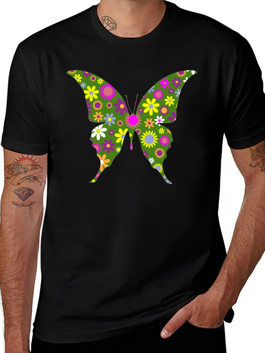 Camiseta Negra con Mariposa Floral Psicodélica