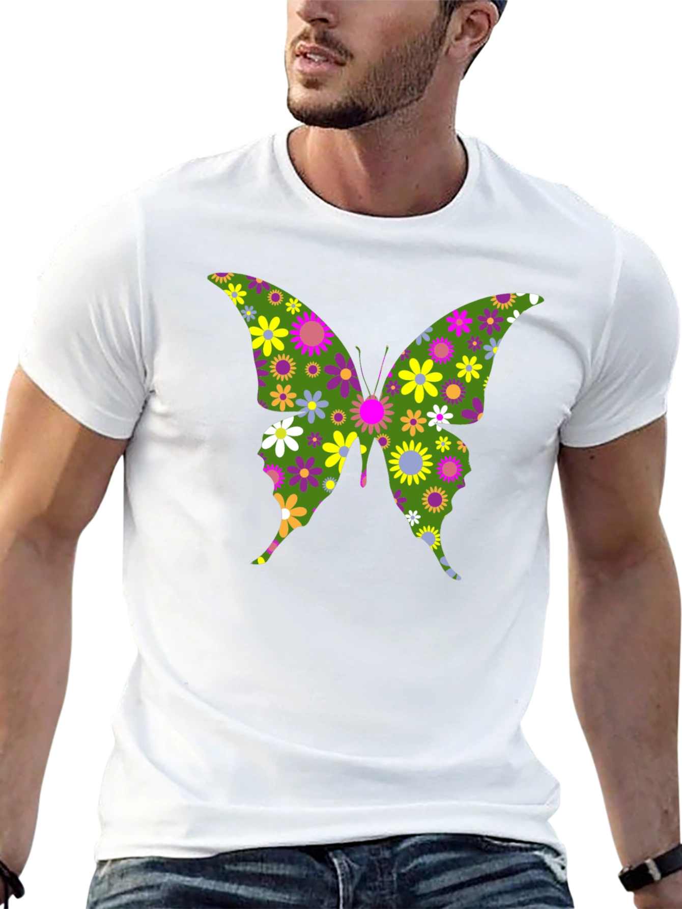 Camiseta Negra con Mariposa Floral Psicodélica