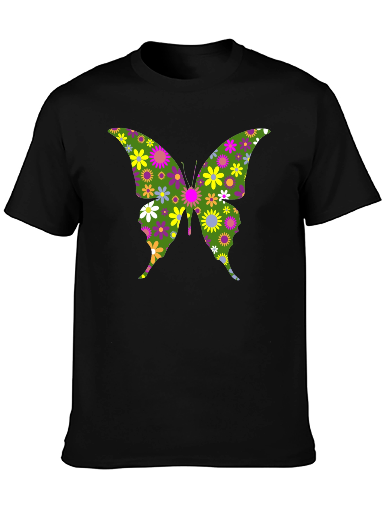 Camiseta Negra con Mariposa Floral Psicodélica