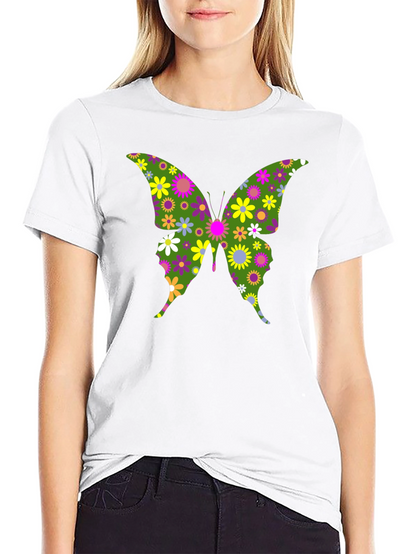 Camiseta Negra con Mariposa Floral Psicodélica
