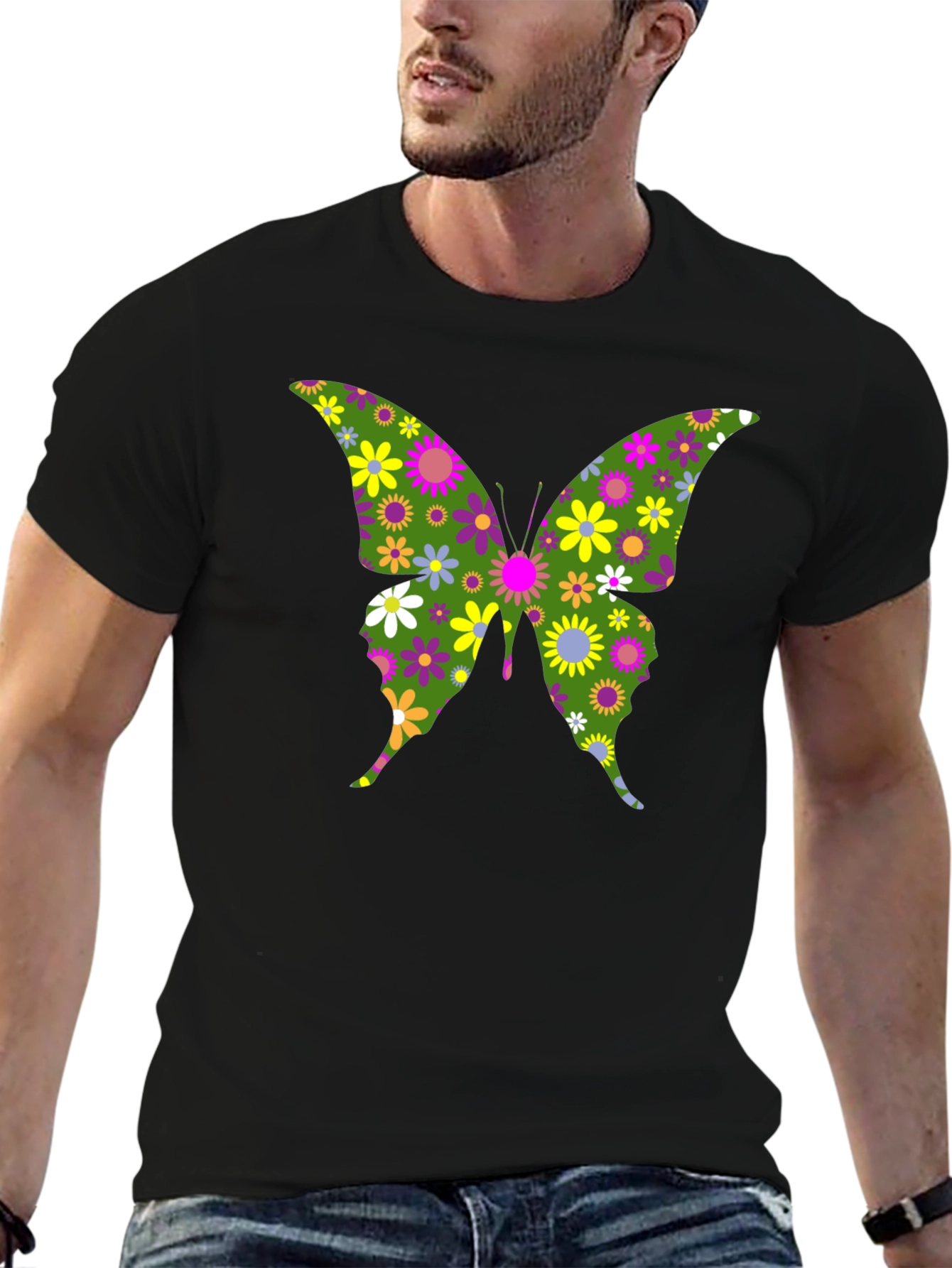 Camiseta Negra con Mariposa Floral Psicodélica