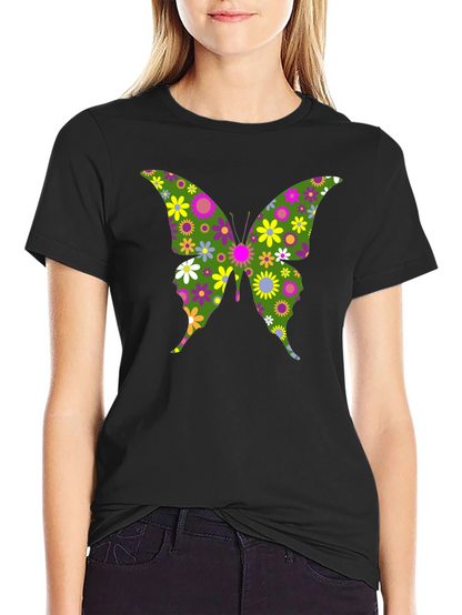 Camiseta Negra con Mariposa Floral Psicodélica