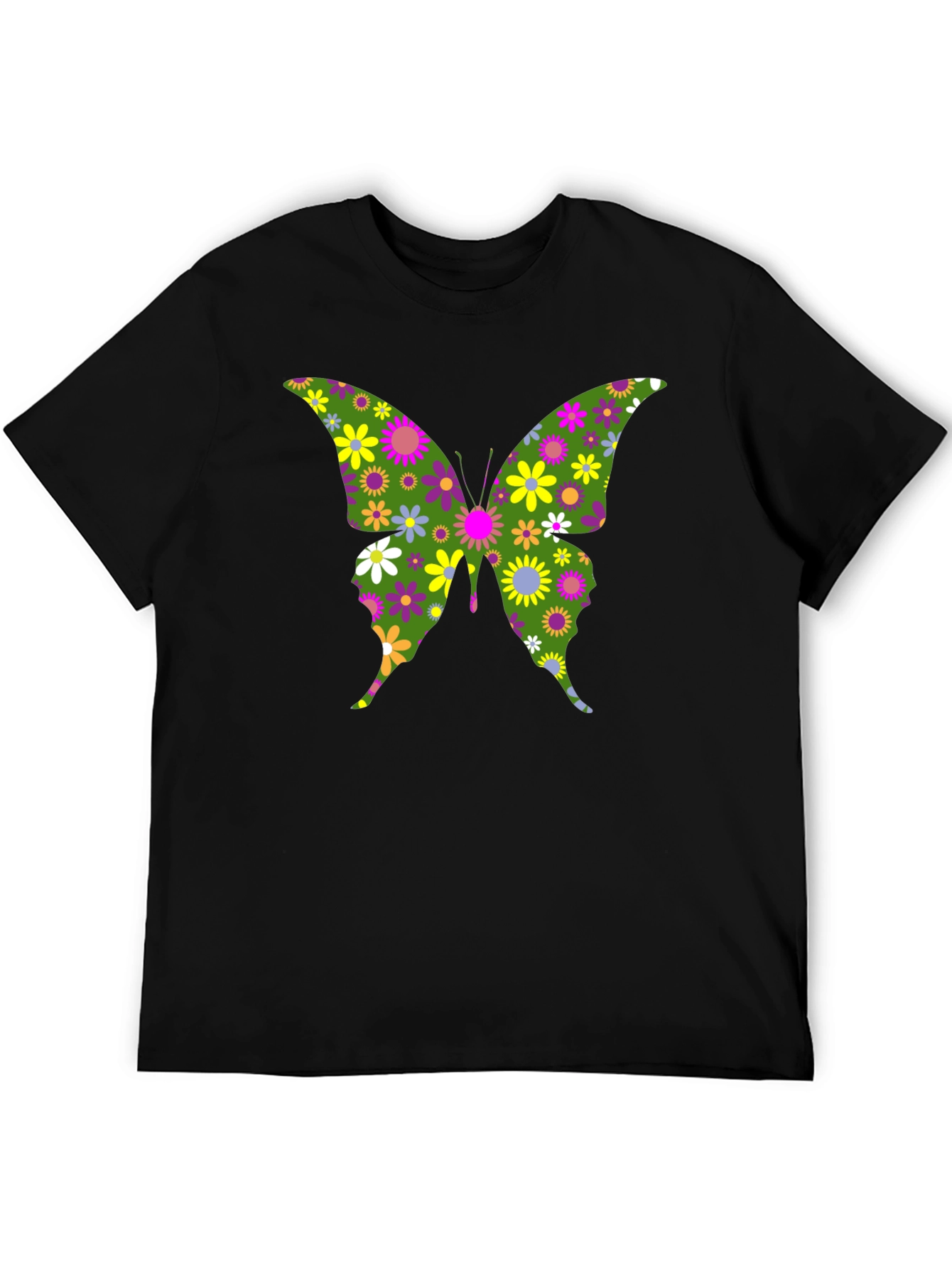 Camiseta Negra con Mariposa Floral Psicodélica