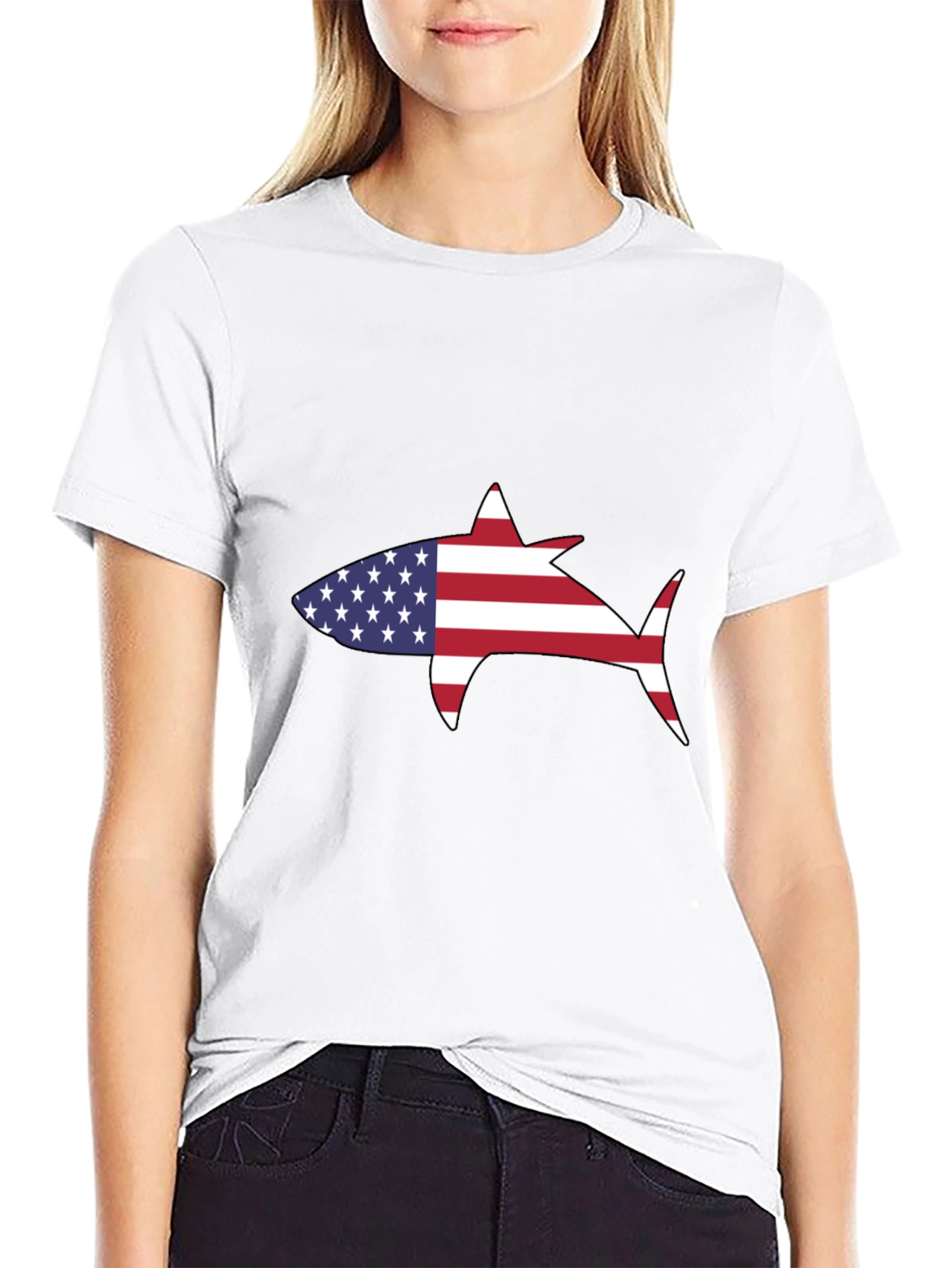 Camiseta Negra Tiburón Bandera Americana
