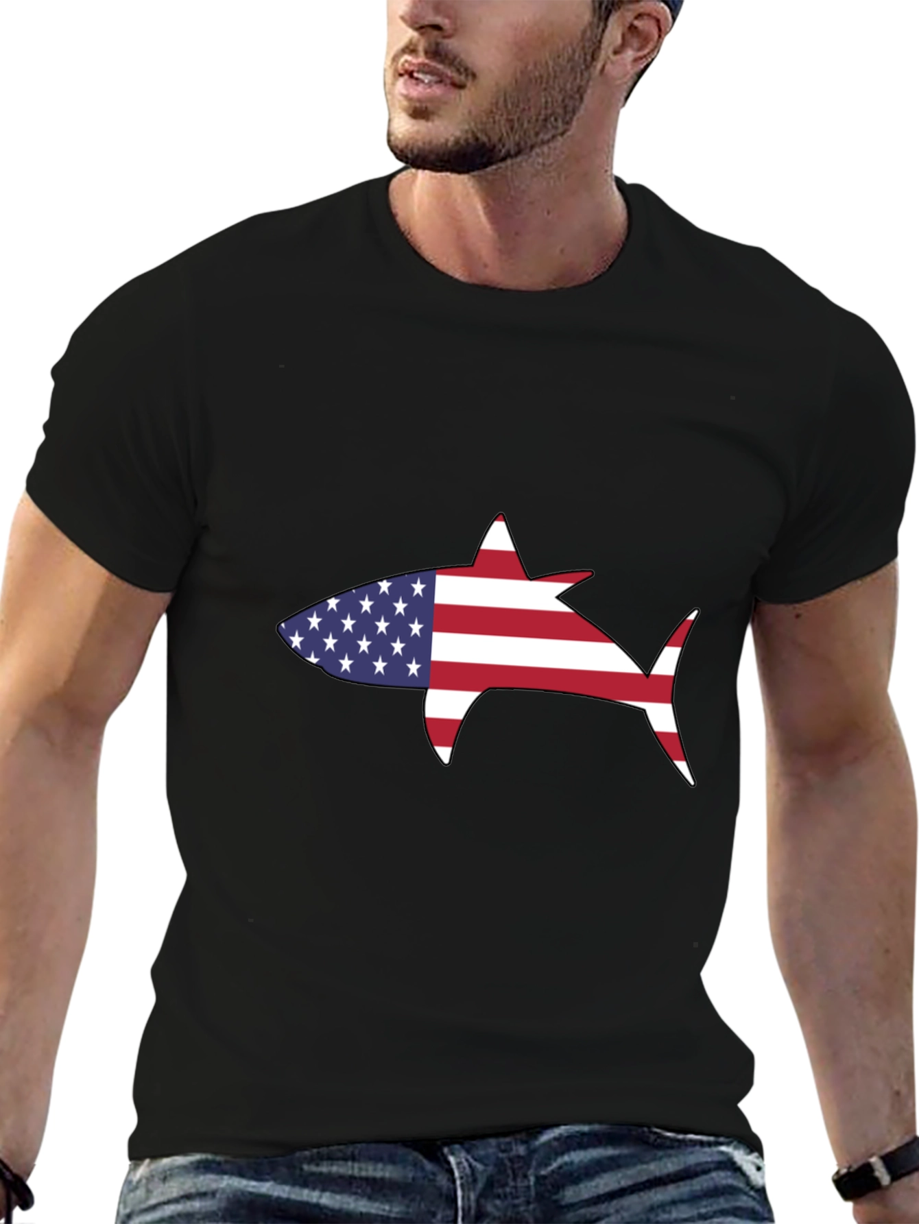 Camiseta Negra Tiburón Bandera Americana
