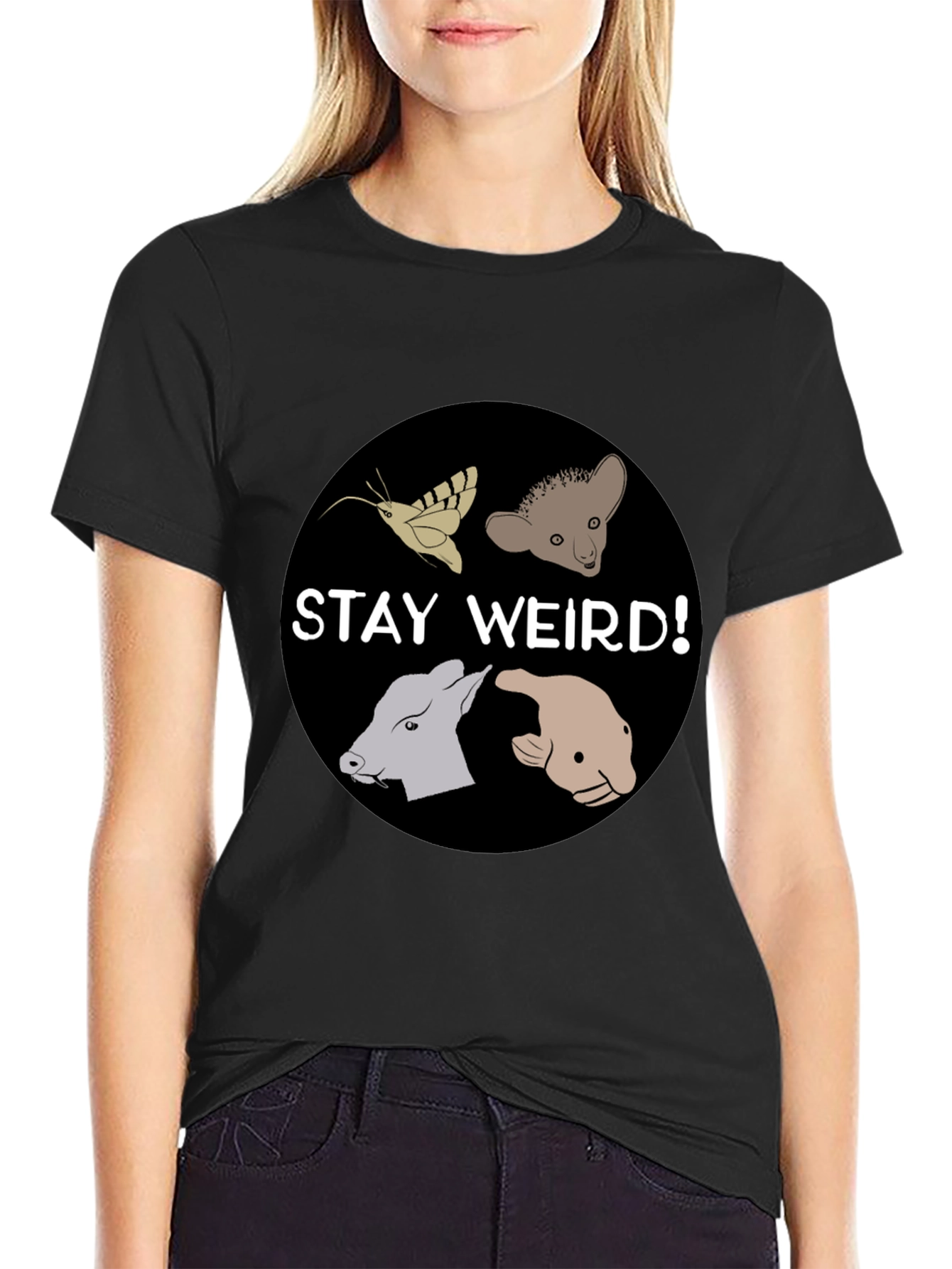Camiseta Negra Stay Weird con Diseño Animal Divertido
