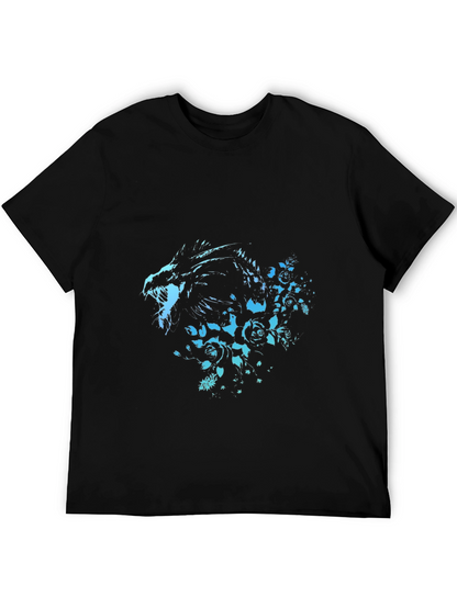 Camiseta Negra con Diseño de Dragón y Rosas Azuladas