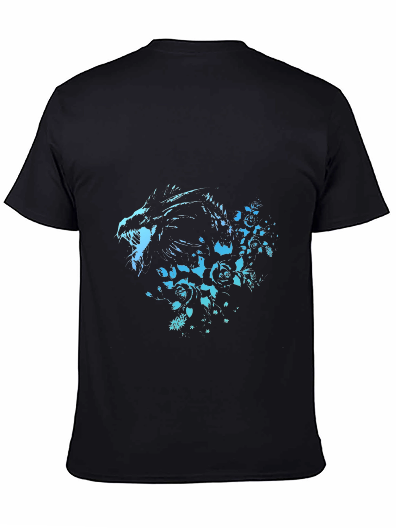 Camiseta Negra con Diseño de Dragón y Rosas Azuladas