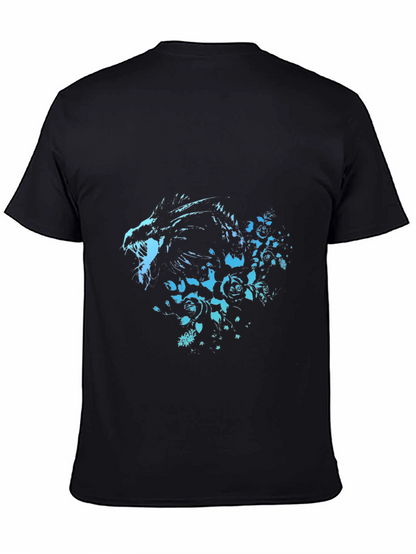 Camiseta Negra con Diseño de Dragón y Rosas Azuladas