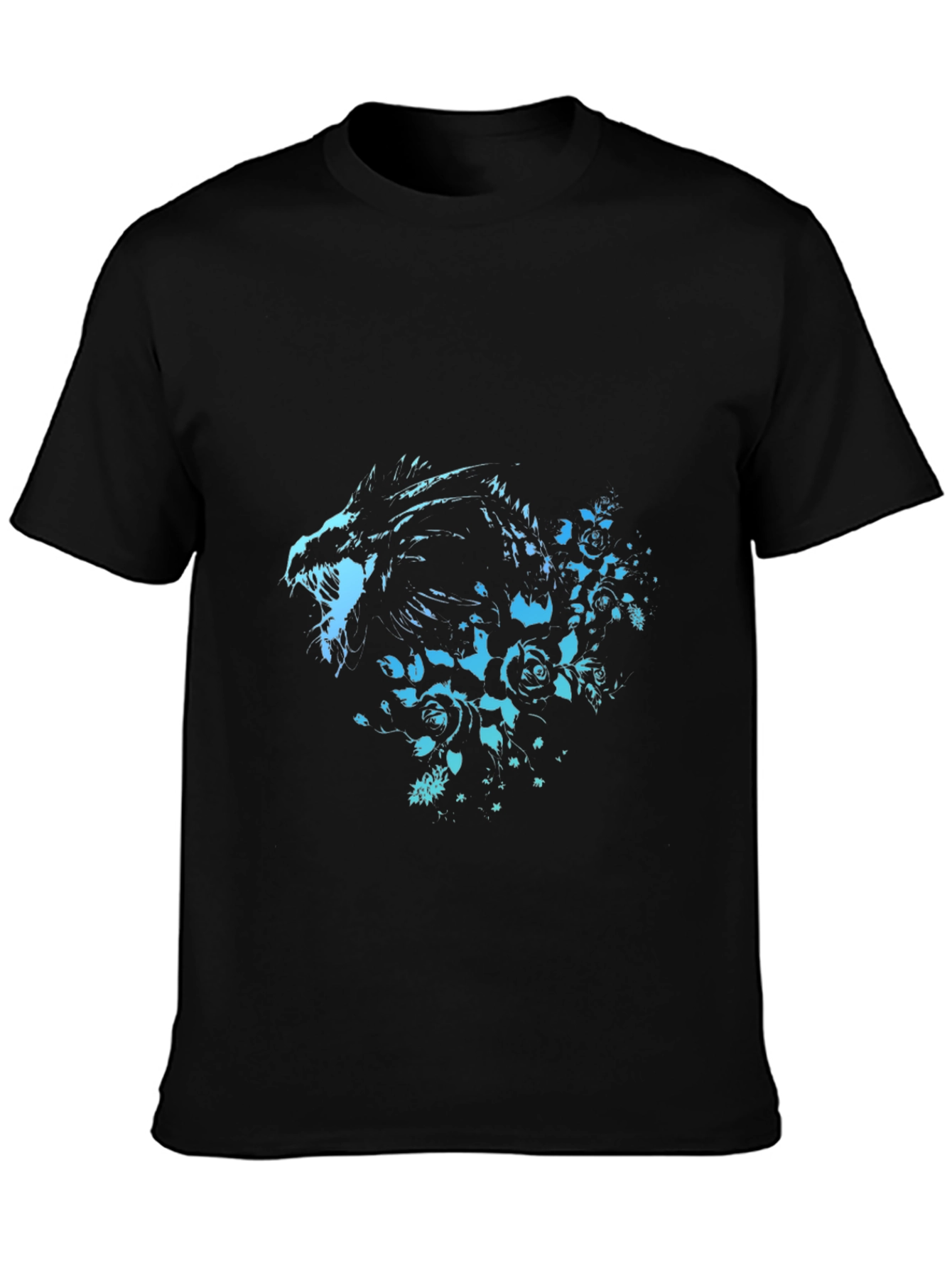Camiseta Negra con Diseño de Dragón y Rosas Azuladas