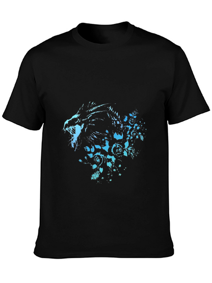 Camiseta Negra con Diseño de Dragón y Rosas Azuladas