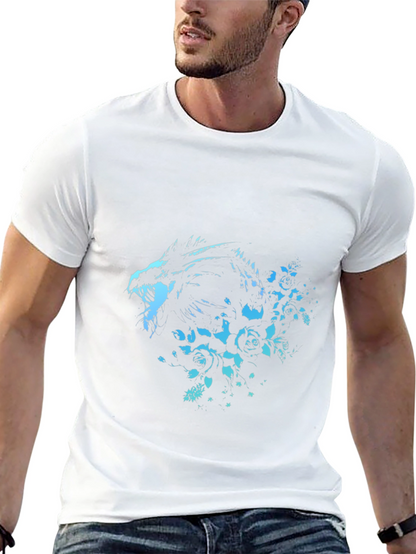 Camiseta Negra con Diseño de Dragón y Rosas Azuladas