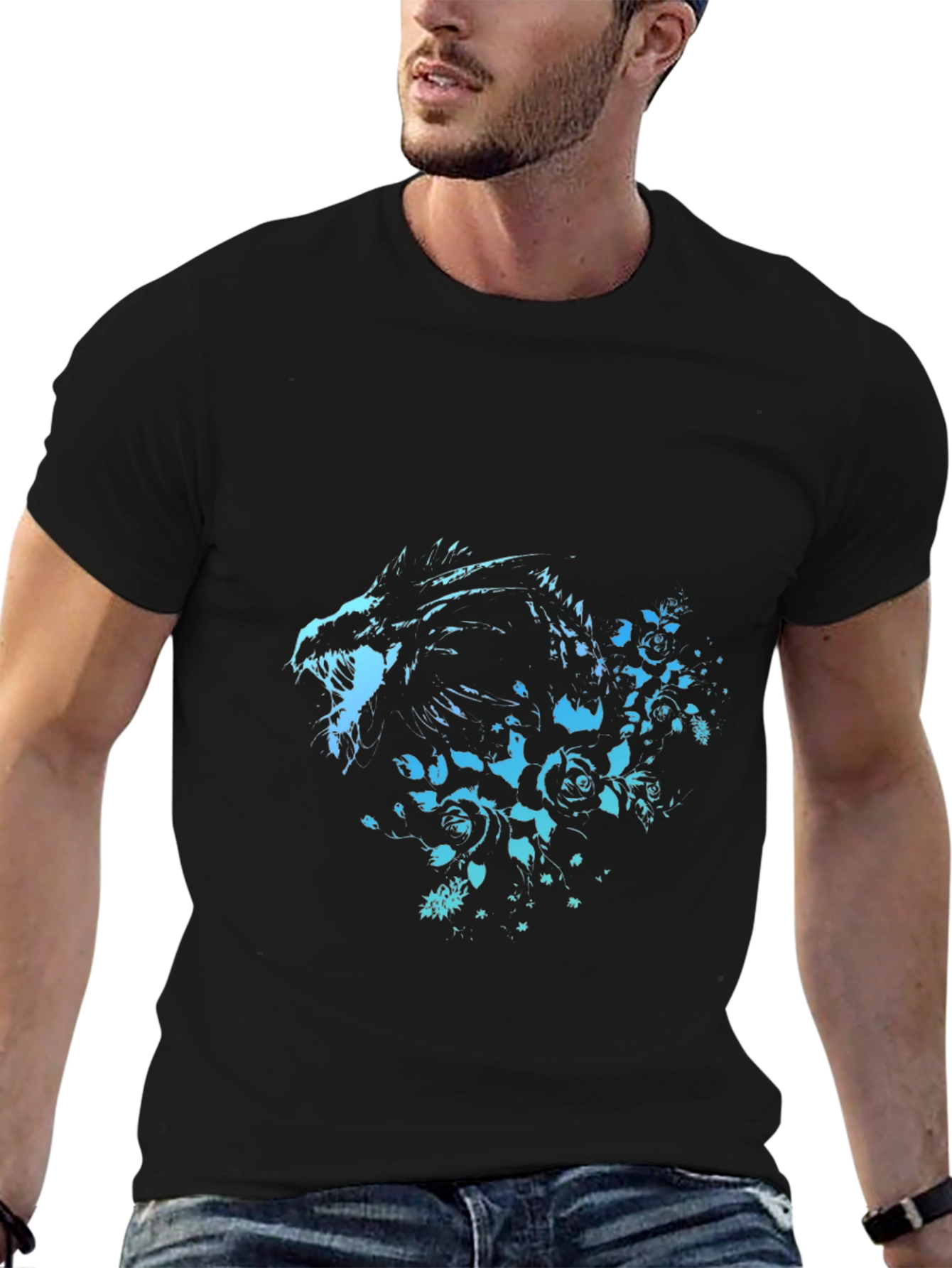 Camiseta Negra con Diseño de Dragón y Rosas Azuladas