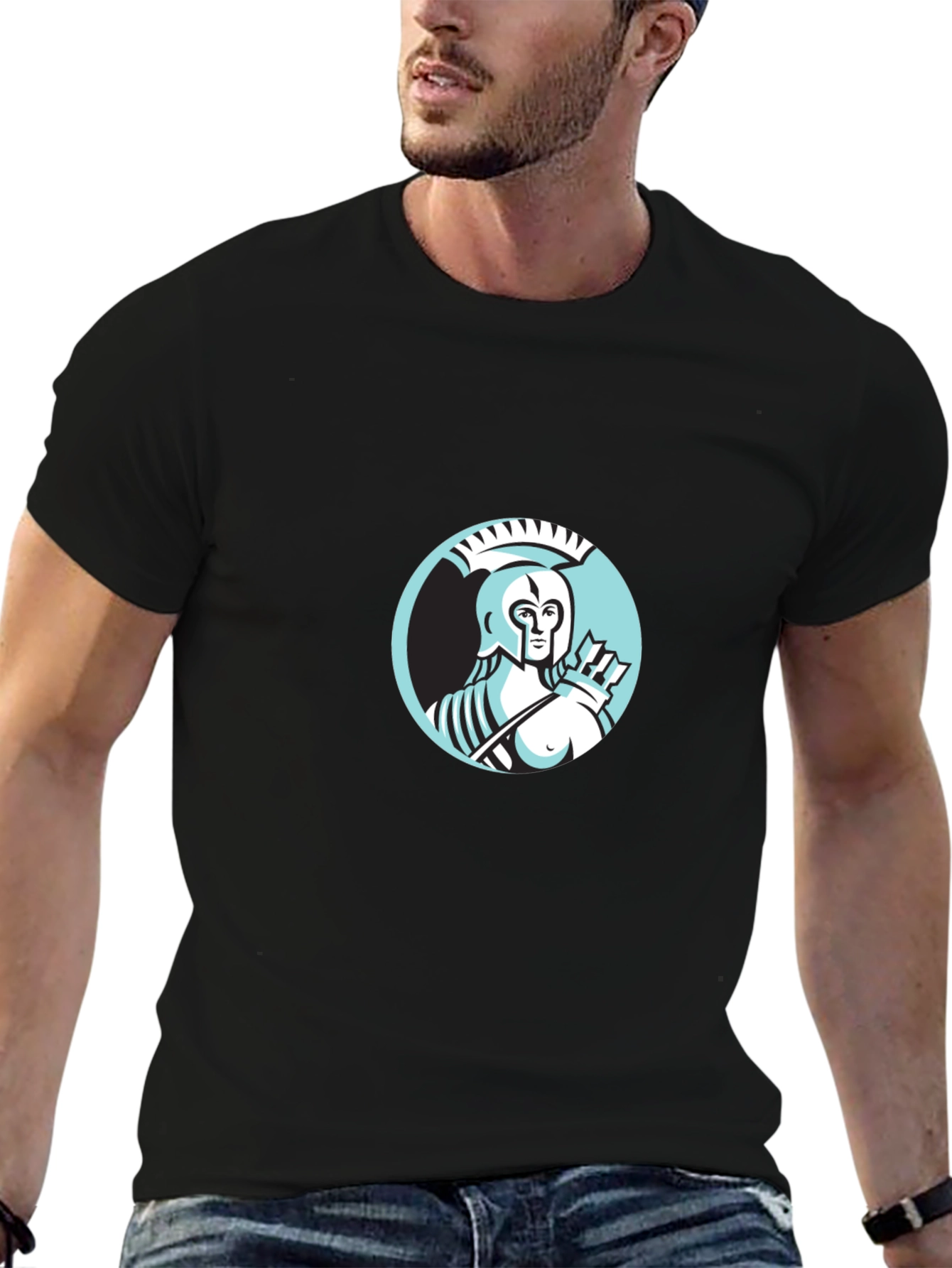 Camiseta Negra Hombre Diseño Guerrero Griego