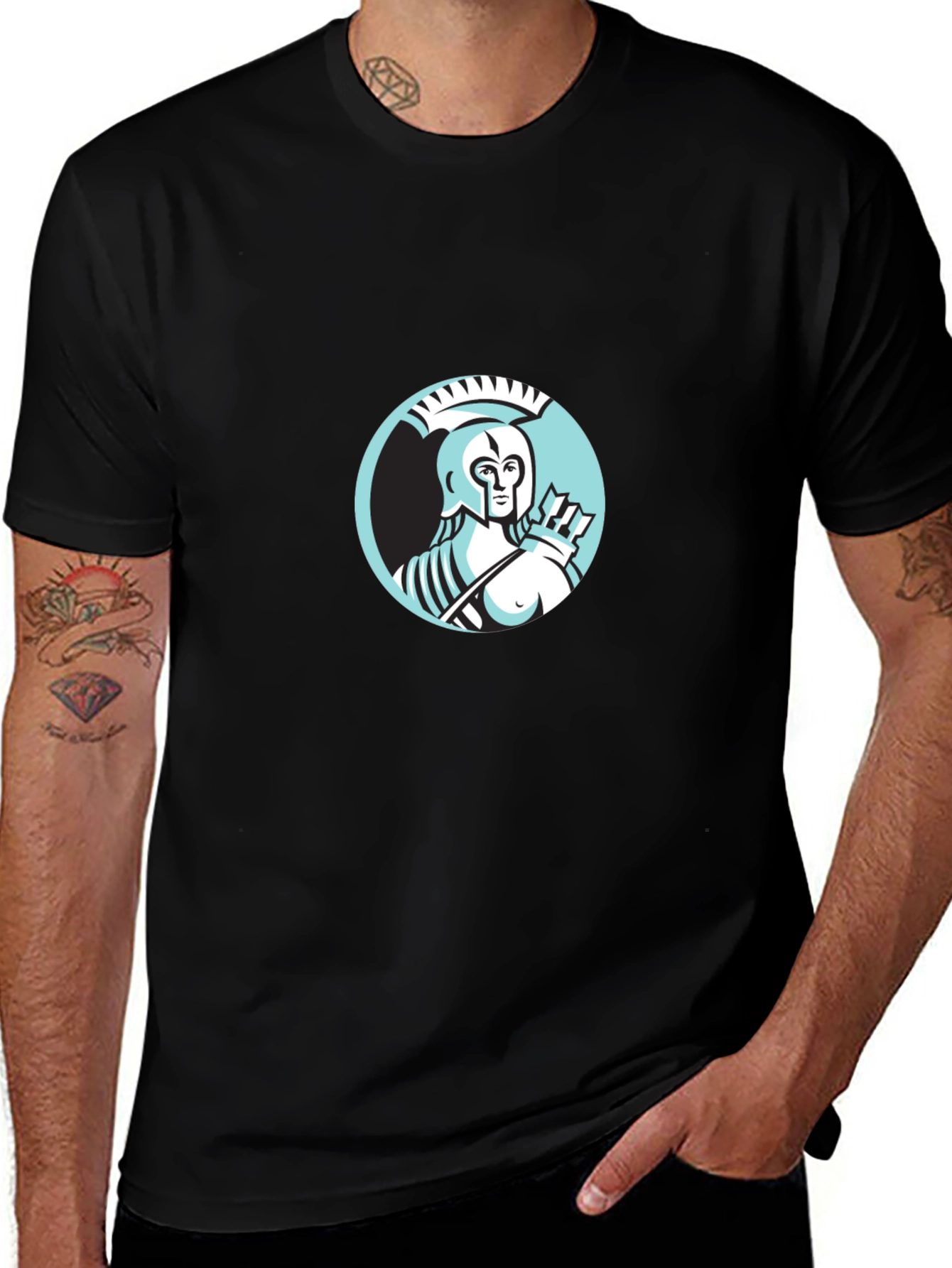 Camiseta Negra Hombre Diseño Guerrero Griego