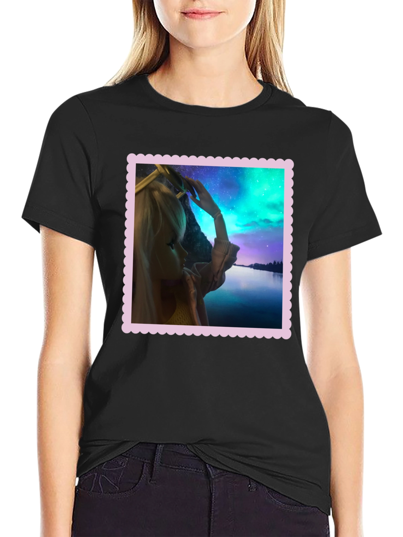 Camiseta Negra Estampada: Fantasía Nórdica
