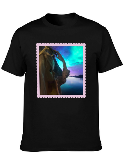 Camiseta Negra Estampada: Fantasía Nórdica