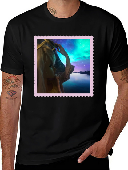 Camiseta Negra Estampada: Fantasía Nórdica