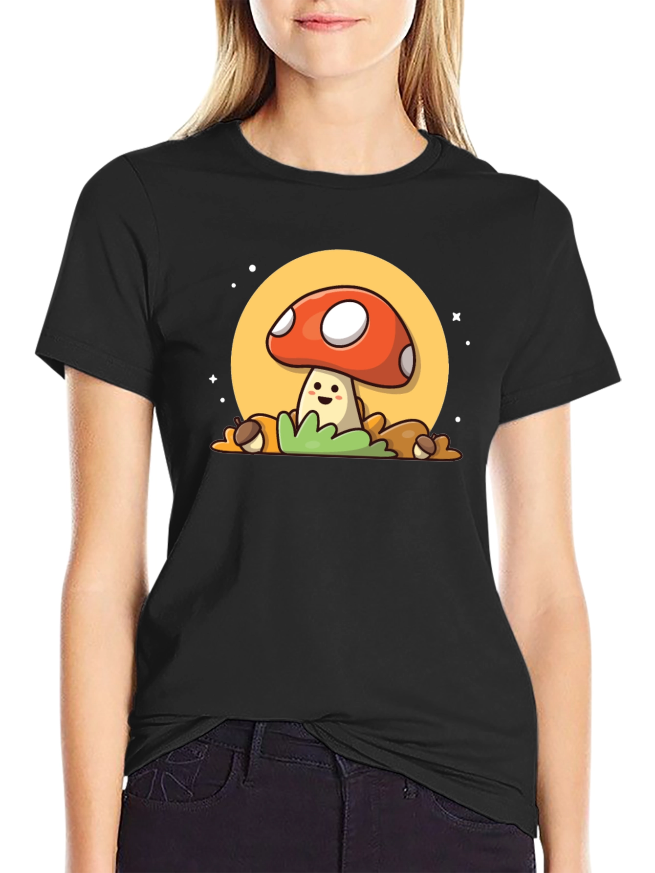 Camiseta Negra con Diseño de Hongo Adorable