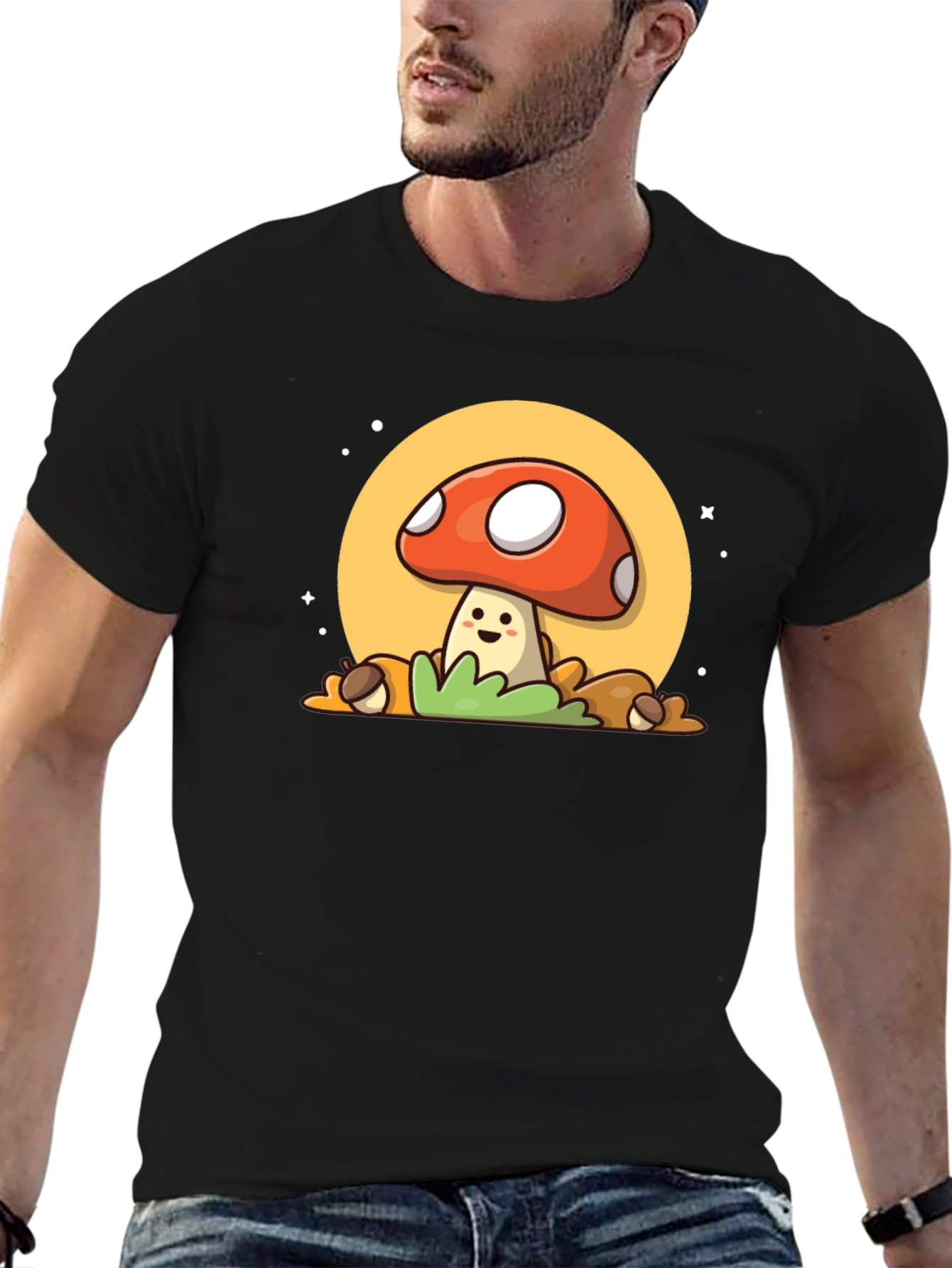 Camiseta Negra con Diseño de Hongo Adorable