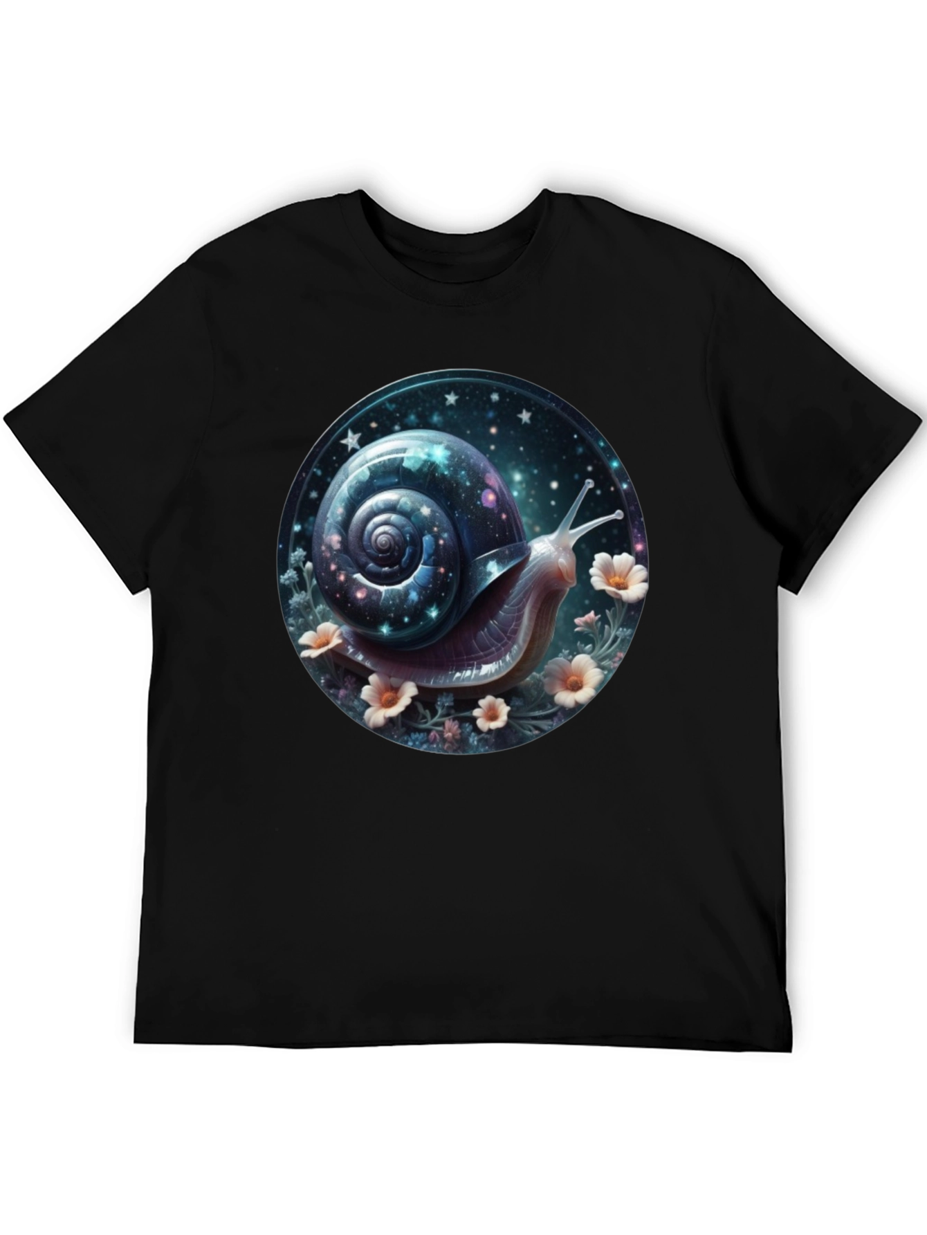 Camiseta Negra con Diseño de Caracol Cósmico