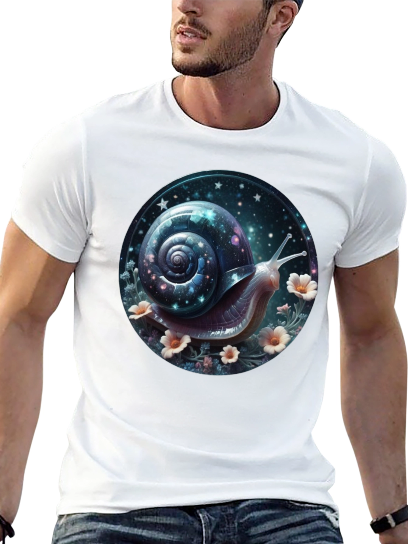 Camiseta Negra con Diseño de Caracol Cósmico
