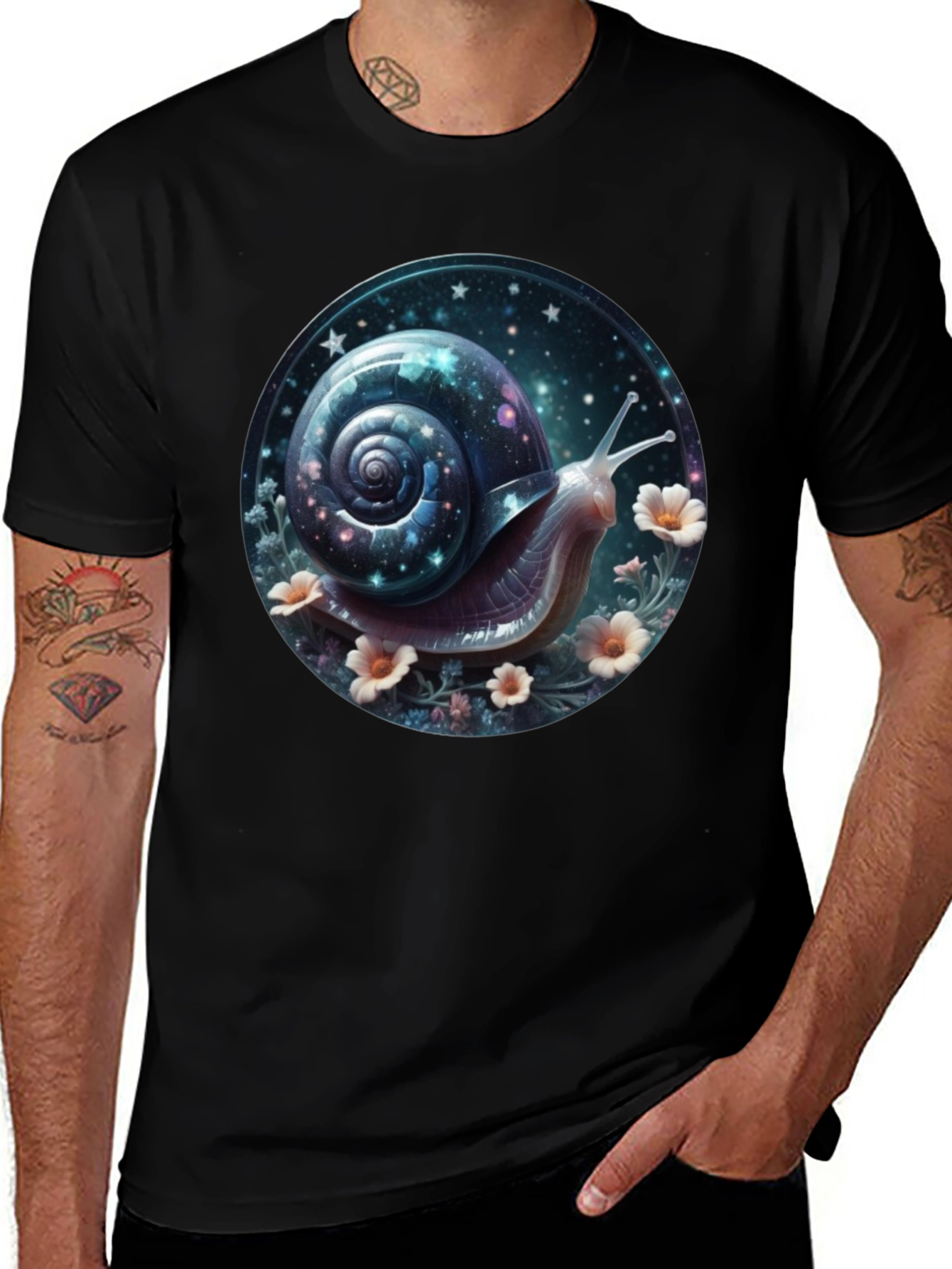 Camiseta Negra con Diseño de Caracol Cósmico